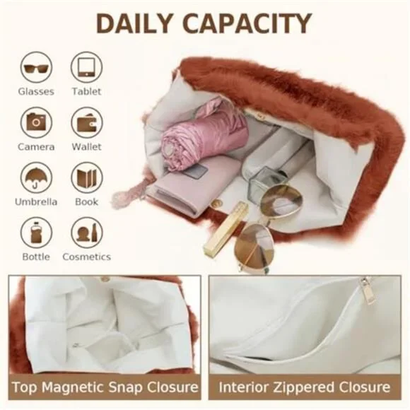 Faux Fur Purses for Women Winter Fluffy Bag Large Capacity Fuzzy Purse Cute - Picture 3 of 5